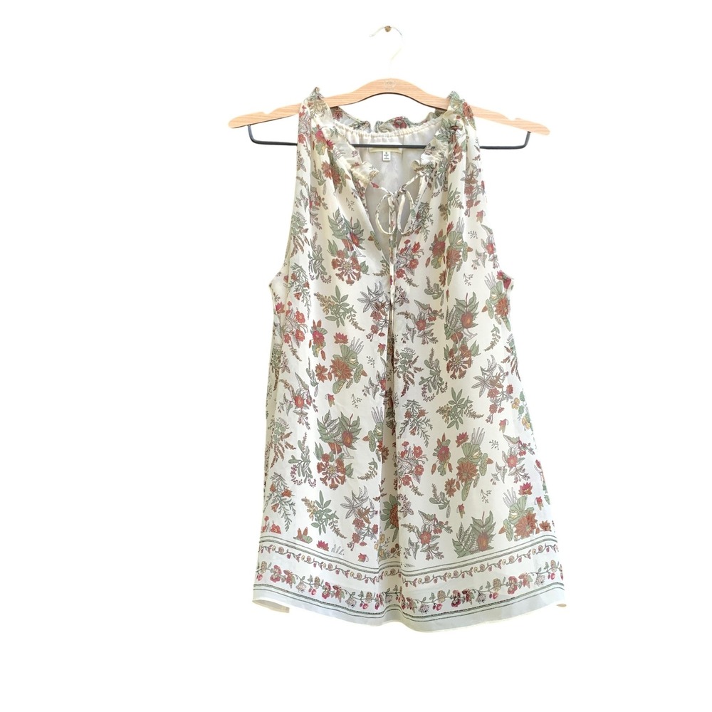 Max Studio Blouse Womens Small White Floral Ruffle V-Neck Sleeveless Tunic Top